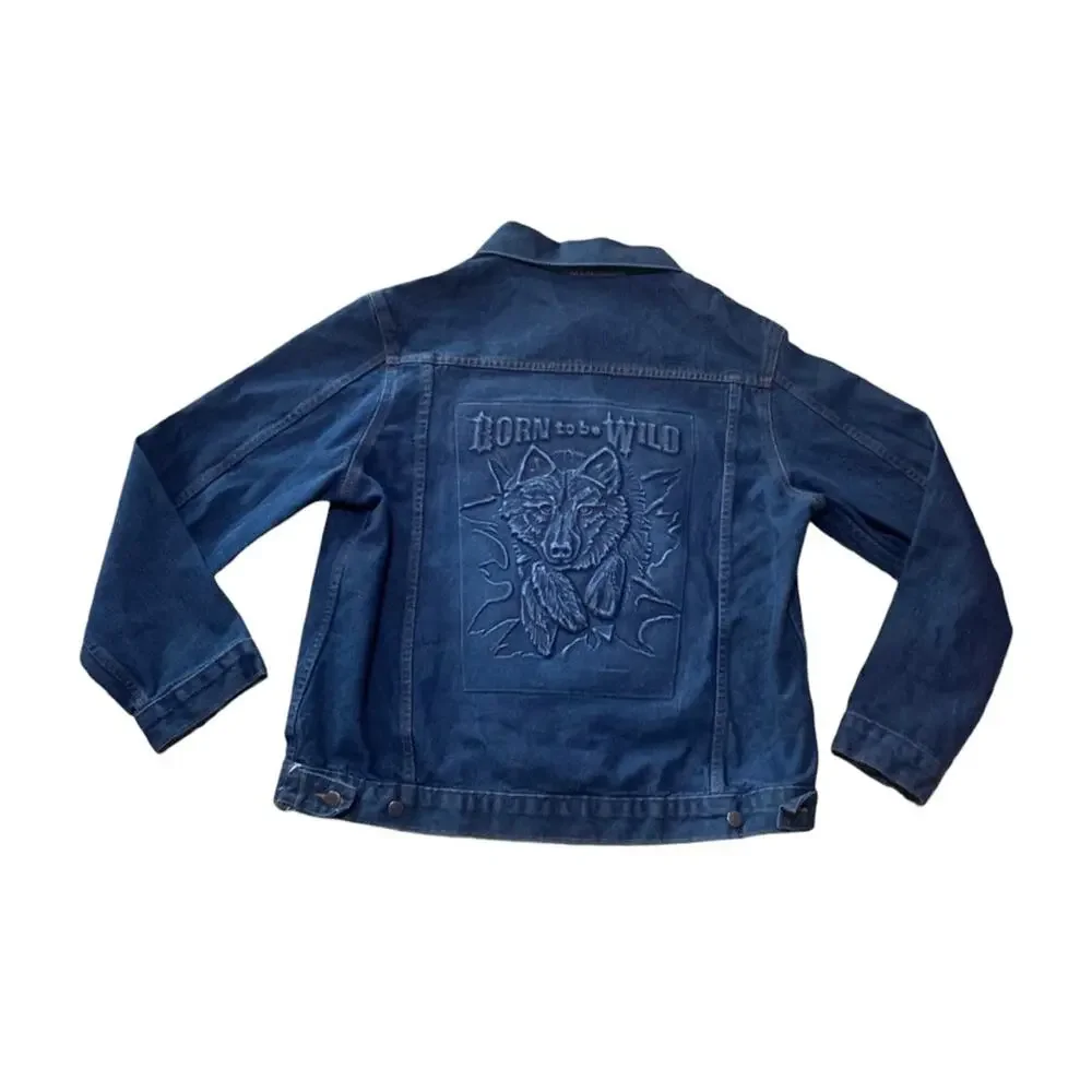 Mens denim jean jacket size XL wolf born to be wild biker harley indian